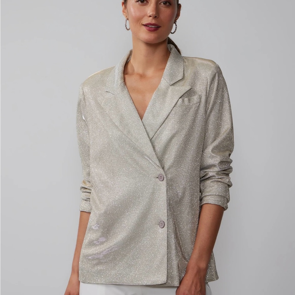 NEW YORK & COMPANY-Notch Lapel Glitter Blazer- Champagne